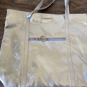 CLINIQUE Large Shoulder Shopping Bag Metallic Silver Outer, Pink Inner 17" x 14"